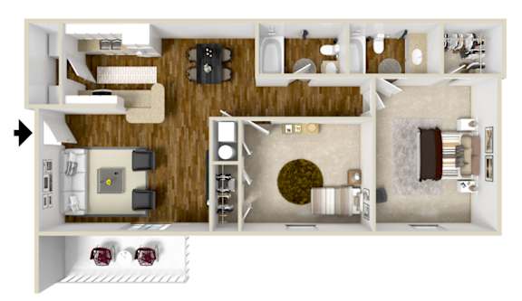 Two bedroom floor plan for rent | 985 Sq. Ft. at Parklane Apartment Homes in McComb, MS