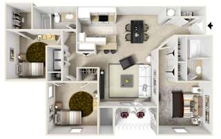 Three bedroom floor plan | 1,200 Sq. Ft. at Parkwest Apartment Homes, Mississippi, 39402