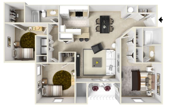 Floor Plan  Three bedroom floor plan | 1,200 Sq. Ft. at Parkwest Apartment Homes, Mississippi, 39402