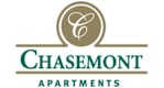 logo with white background and gold designs with Chasemont Apartments written in green