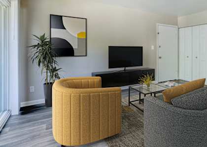 a living room with a couch and chair and a television