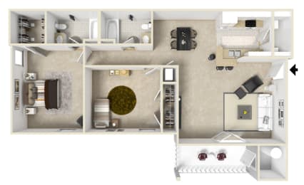 2 Bed, 2 Bath Floorplan | 1,107 Sq. Ft. at The Pointe Apartment Homes in Mississippi 39553