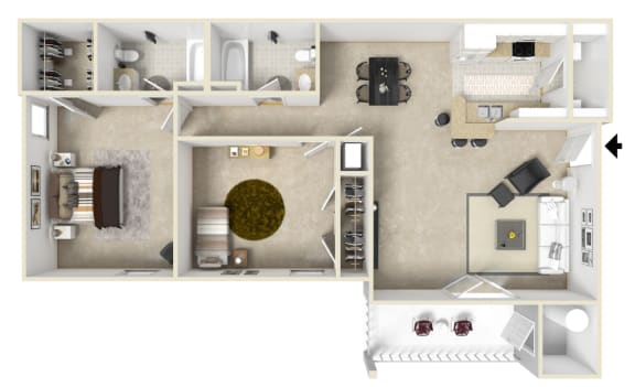 2 Bed, 2 Bath Floorplan | 1,107 Sq. Ft. at The Pointe Apartment Homes in Mississippi 39553