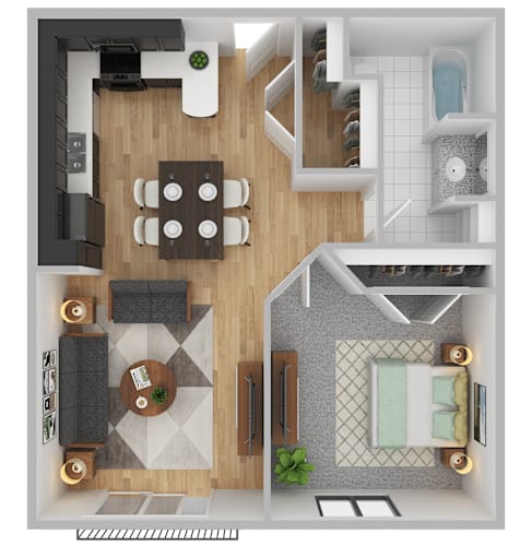 Floor Plan  A top down view of a house interior with a dining table surrounded by chairs, a kitchen area with a counter, a bathroom with a shower, and a living room with a couch and a coffee table.