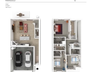 Desert Village Townhomes 3D Floor Plan - Marigold