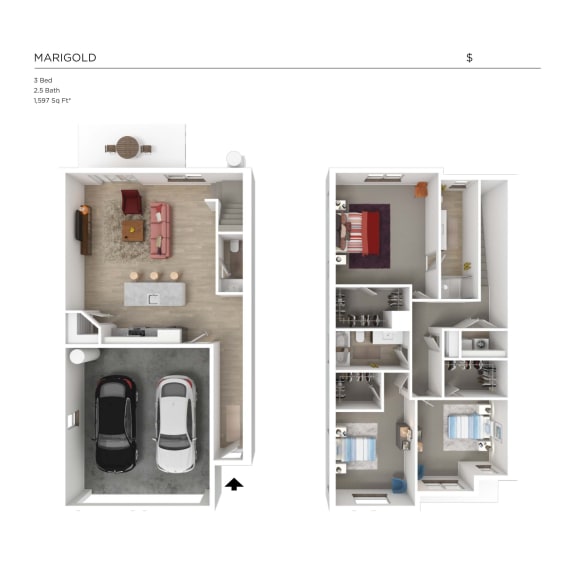 Desert Village Townhomes 3D Floor Plan - Marigold