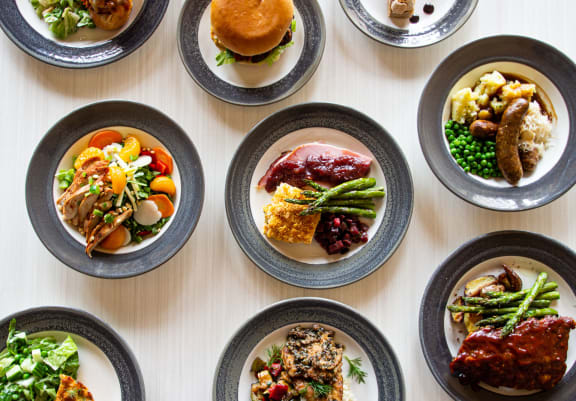 a table filled with plates of food