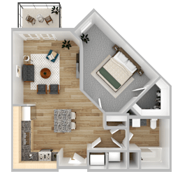 A top-down view of a house layout with a living room, kitchen, and bathroom.