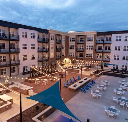 Penstock Quarter’s interior courtyard lit up at night