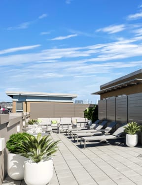 Rooftop with umbrella and patio at The DeSoto Apartments Building