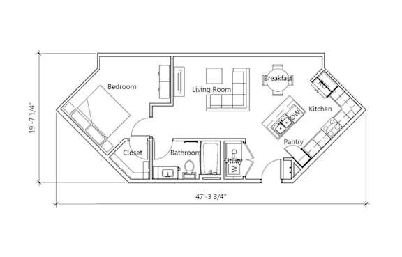 A floor plan for a 735 sq ft home with a bedroom, living room, kitchen, pantry, bathroom, and closet.