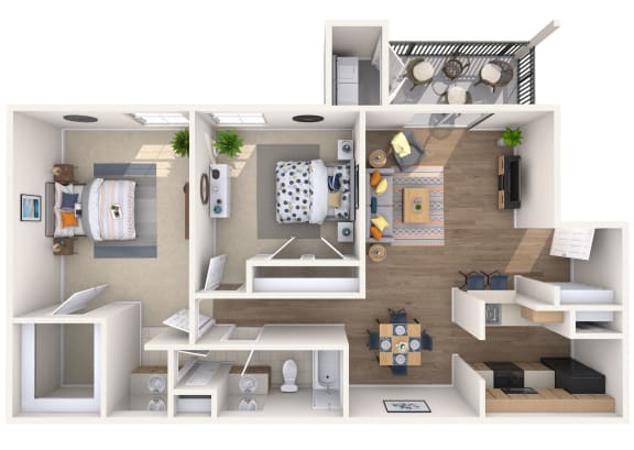 the living room of this apartment is spacious and has a wood floor