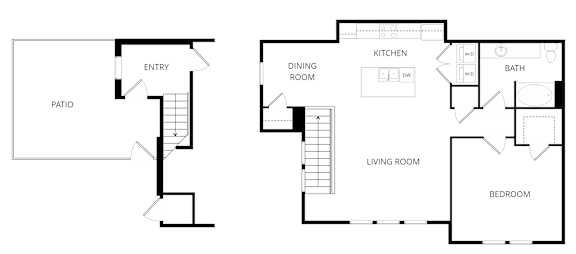 A floor plan of a house with a patio and a kitchen.