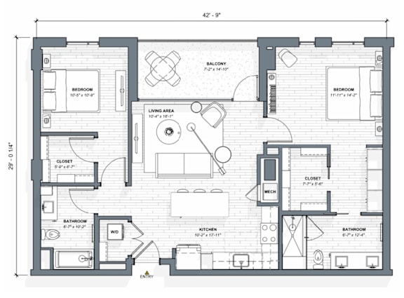 A floor plan of a house with a living room, kitchen, and bathrooms.