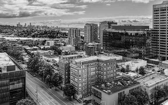 a black and white photo of the city