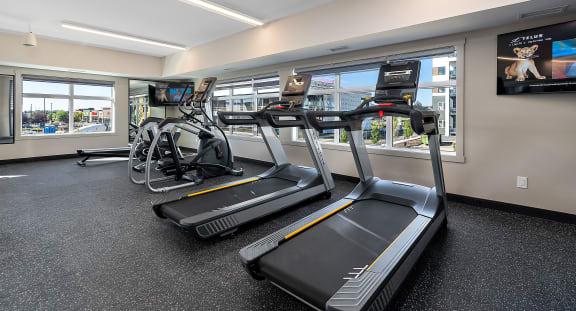 two treadmills and other exercise equipment in the gym at the enclave at wood