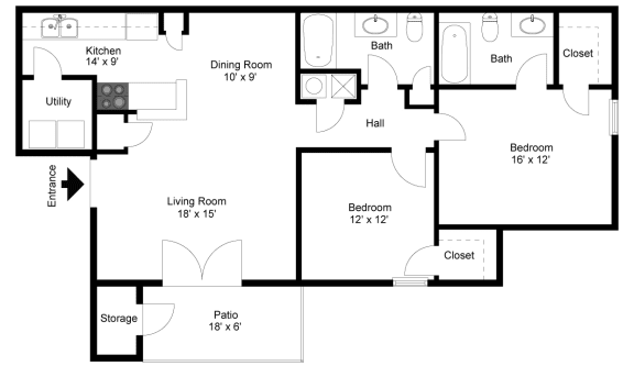 2 Bed 2 Bath Floor Plan | 1.100 Sq. Ft.  at Bossier City Apartment Homes, Bossier City, LA, 71111
