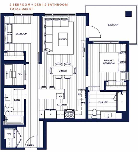 Garden Home 2 bed and den 2 bath 935sf