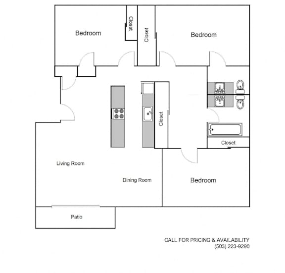 A floor plan of a Greenbriar Village apartment with three bedrooms and two bathrooms.