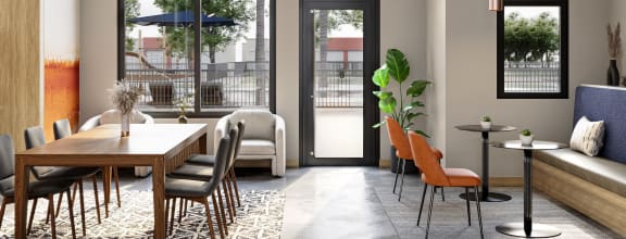 a rendering of a living room and dining room with large windows