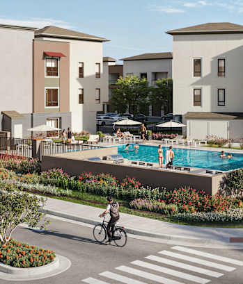 a rendering of an apartment complex with a swimming pool at North Grove, Riverside