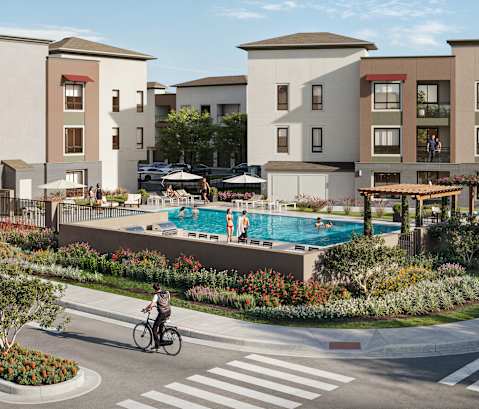 a rendering of an apartment complex with a swimming pool at North Grove, Riverside