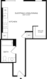 A black and white floor plan of a small apartment with a balcony, kitchen, bathroom, and sleeping area.