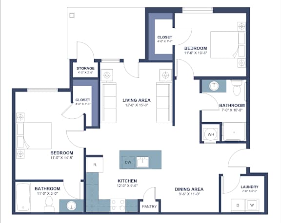 a floor plan of a 2 bedroom apartment with a large open area and a balcony