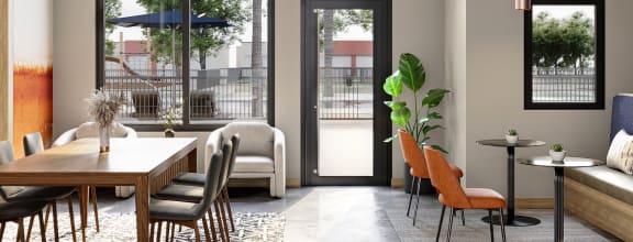 a rendering of a living room and dining room with large windows