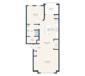 A floor plan for a Ben Interior apartment with a living room, dining area, kitchen, and bathroom.