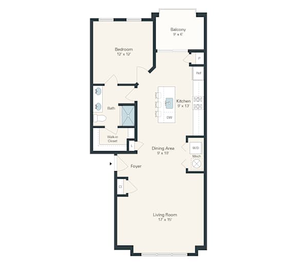 A floor plan for a Ben Interior apartment with a living room, dining area, kitchen, and bathroom.