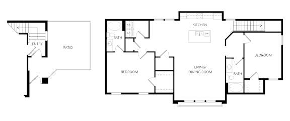 A floor plan of a house with a kitchen, living room, dining room, and two bedrooms.