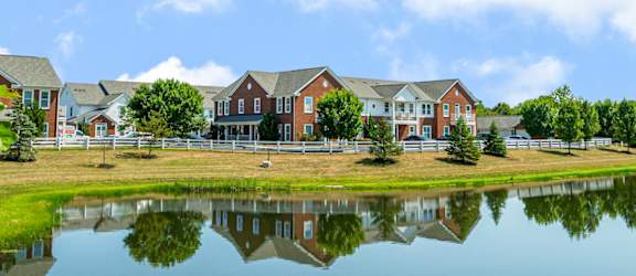 A serene landscape with a pond, houses, and trees.