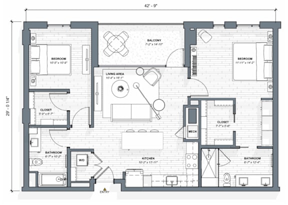 52 TEN B1 Floorplan, 2 bed 2 bath