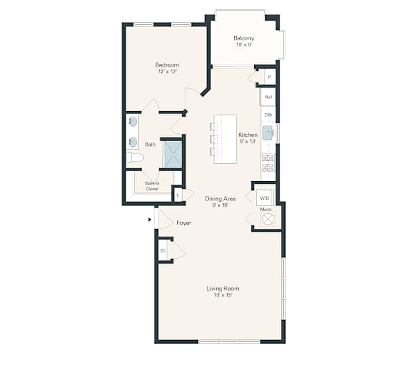 A floor plan for a 1 bedroom apartment with a living room, dining area, kitchen, bathroom, and balcony.