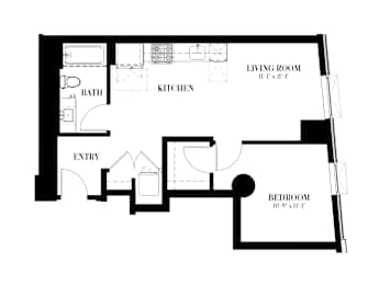 A black and white image of a floor plan for a living room, kitchen, and bedroom.