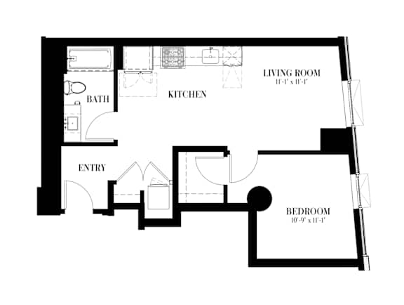 A black and white image of a floor plan for a living room, kitchen, and bedroom.