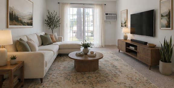 A living room with a couch, coffee table, and a television.