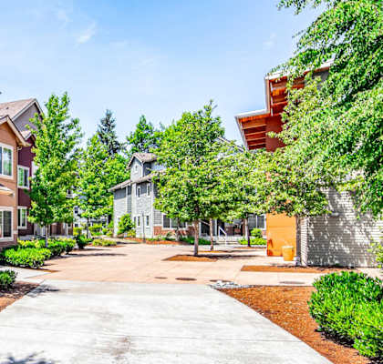 A residential area with houses and trees.