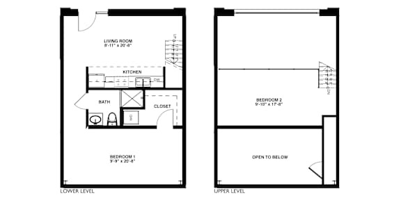 A floor plan for a unit at New Manchester Flats shows a living room, kitchen, two bathrooms, and a closet.