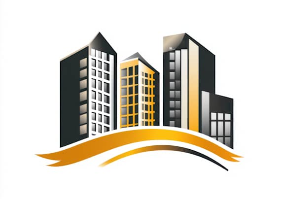A graphic of three buildings with a yellow ribbon underneath.