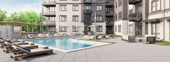 a rendering of an apartment building with a swimming pool
