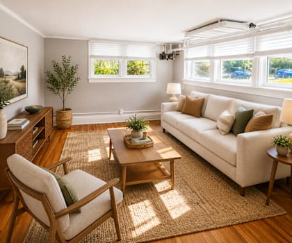 A living room with a white couch, wooden coffee table, and a large window.