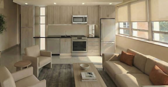A modern living room with a television, sofas, and a coffee table.