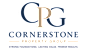 The image is a logo of the Cornerstone Property Group with the tagline "Strong Foundations. Lasting Value. Premier Results."