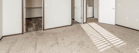 a bedroom with two closets and a ceiling fan