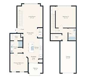 A floor plan for a 2 bedroom apartment with a living room, dining area, kitchen, and bathroom.