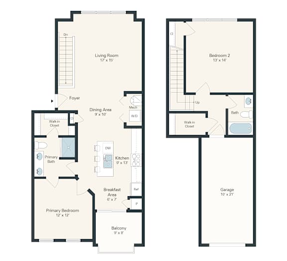 A floor plan for a 2 bedroom apartment with a living room, dining area, kitchen, and bathroom.