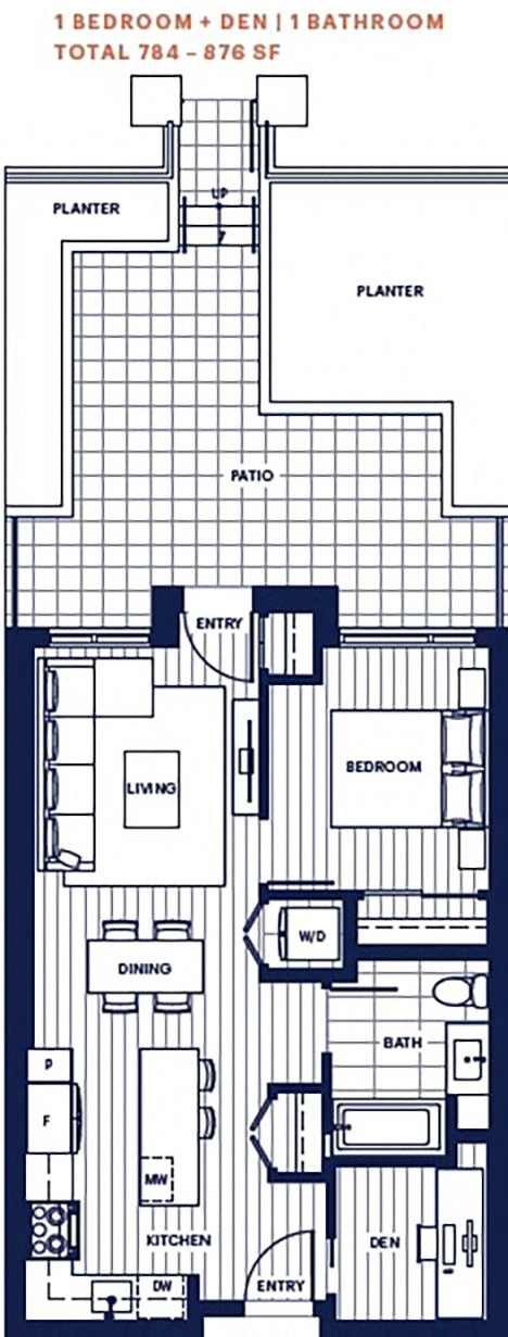 Garden Home 1 bed and den 1 bath 784 -876sf