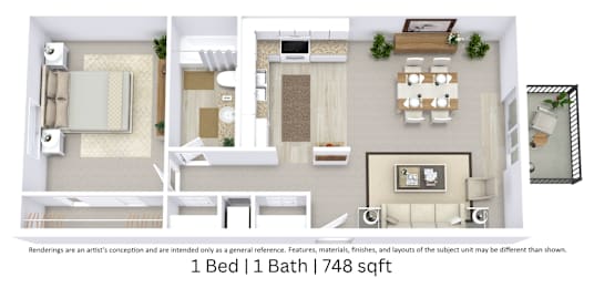3D floor plan of a 1-bedroom, 1-bathroom apartment at approximately 748 sq. ft with detailed layout and room flow.